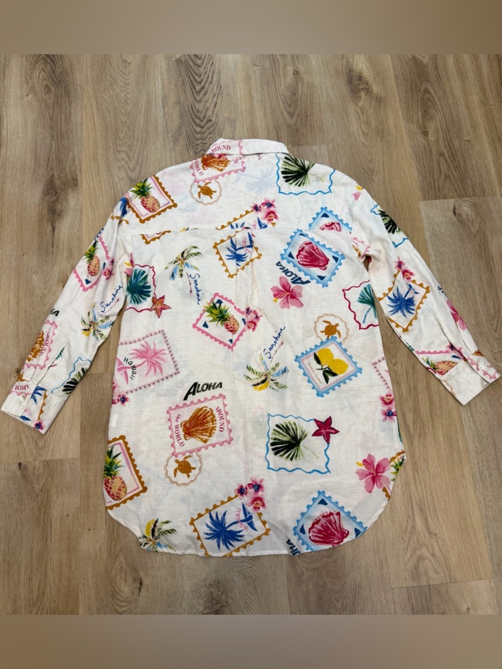 Blue Island Aloha Stamps Print Oversized Button Down - Picture 2 of 6